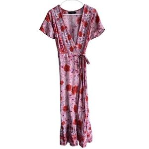 Zesika Floral Pink/Orange Short Sleeve V Neck Wrap Maxi Dress size Large